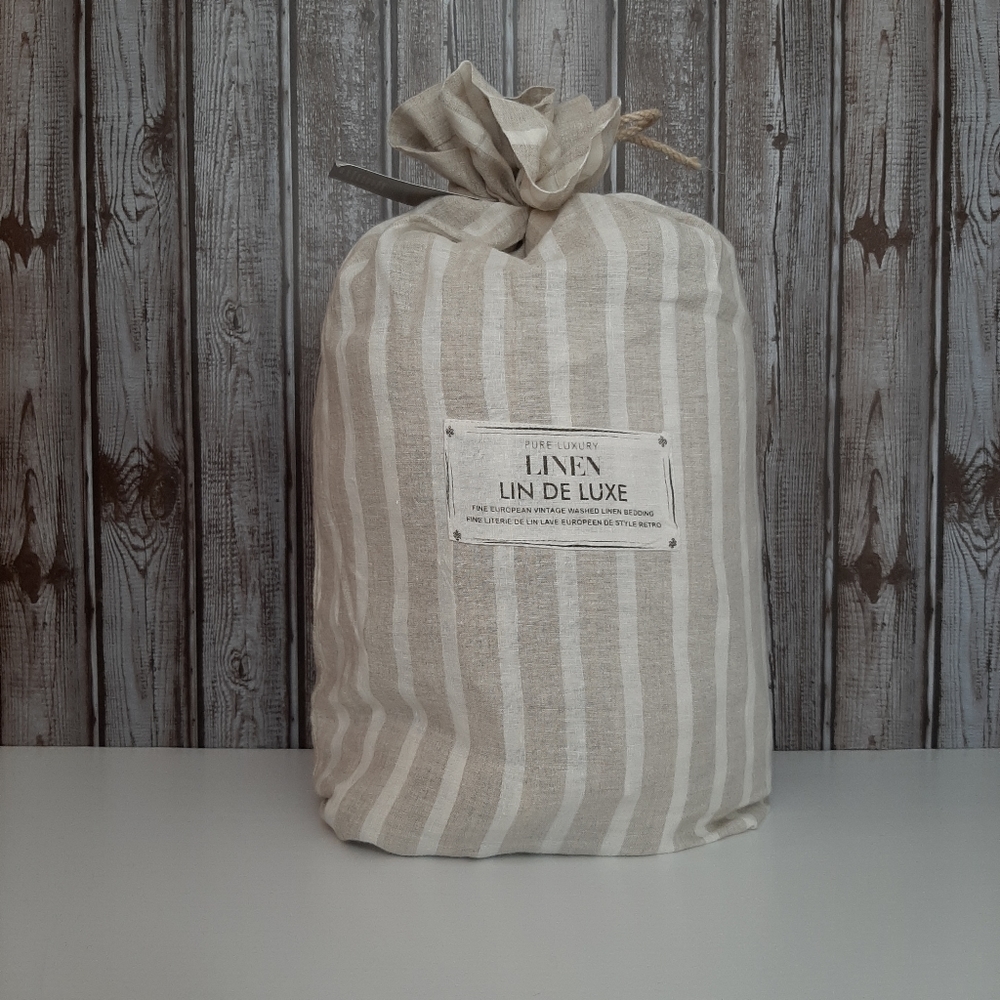 LinDeLuxe Stripe Queen European Vintage Washed Linen Duvet Cover Set